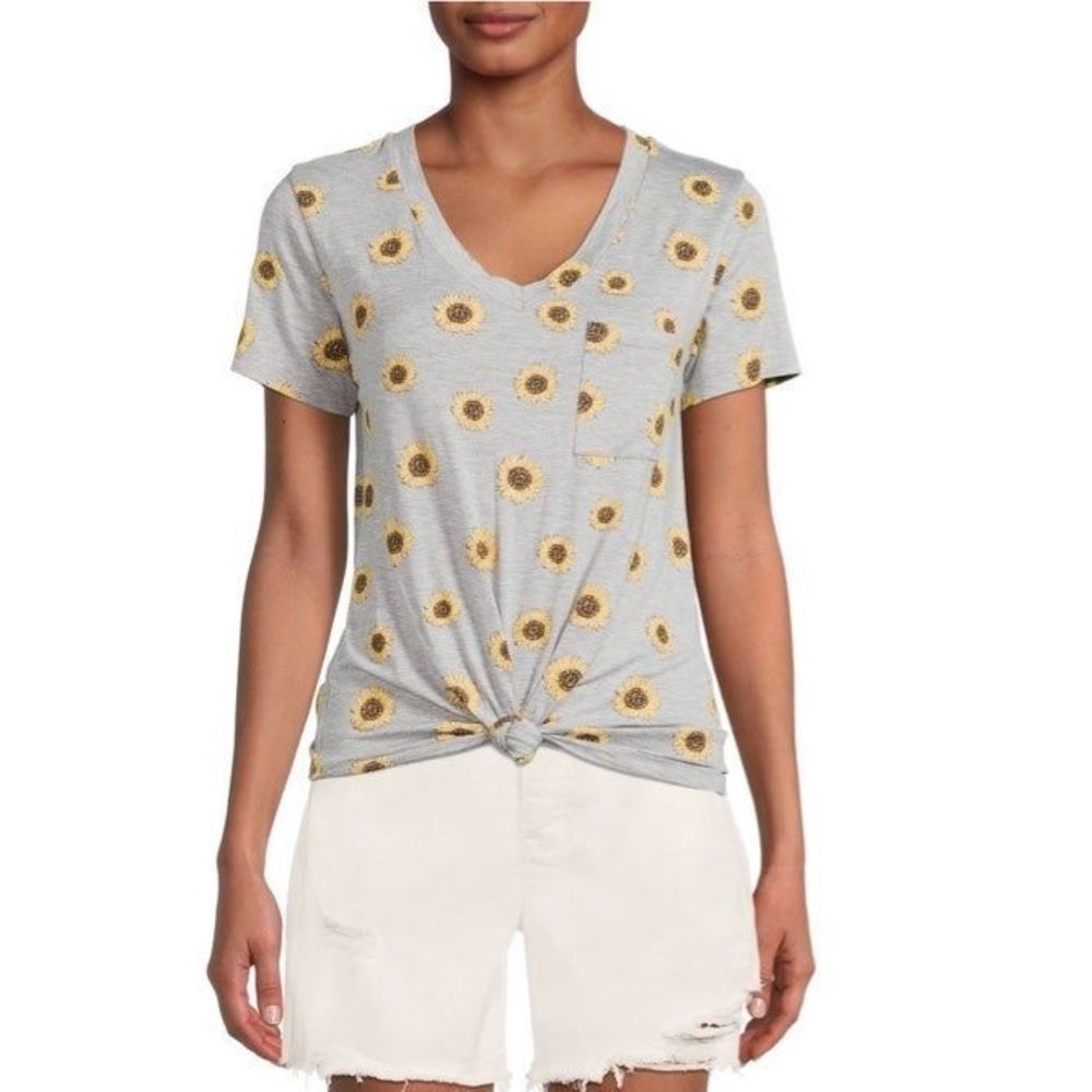 nwt no boundaries women's t shirt v neck sunflower scrunched front short sleeve - Picture 2 of 10